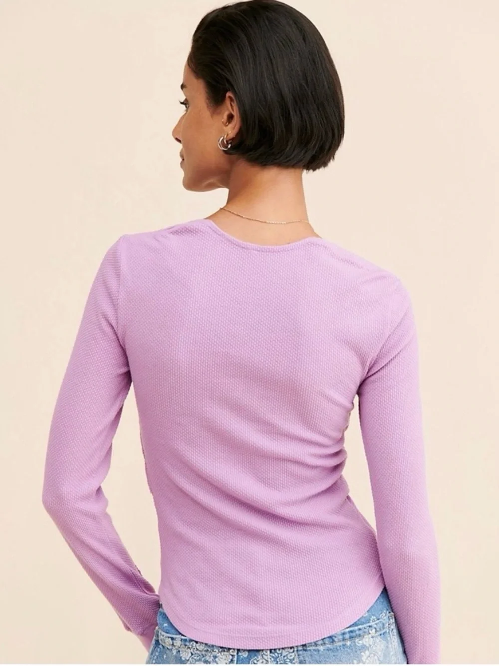 Free People purple butterfly Crochet Thermal cottage Boho waffle knit top M - Picture 3 of 8